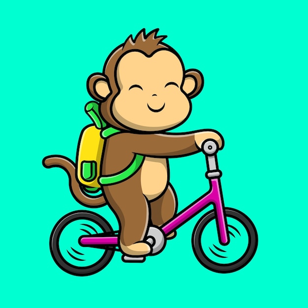 Cute Monkey Riding Bicycle With Banana Bag Cartoon Vector Icons Illustration