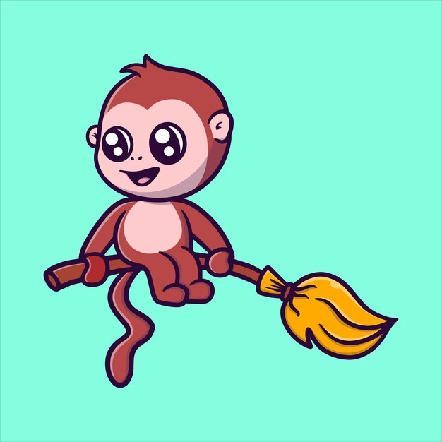 cute monkey riding a broomstick cartoon vector icon illustration for halloween