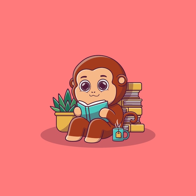 Cute monkey sitting while reading book