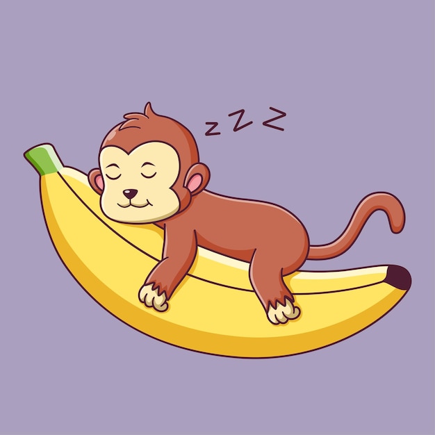 Cute Monkey Sleeping On The Banana. Monkey Icon Concept