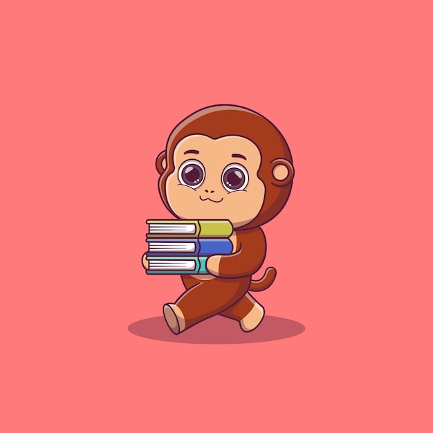 Cute monkey walking and bring some books