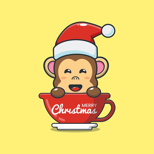 Cute monkey wearing santa hat in cup Cute christmas cartoon illustration