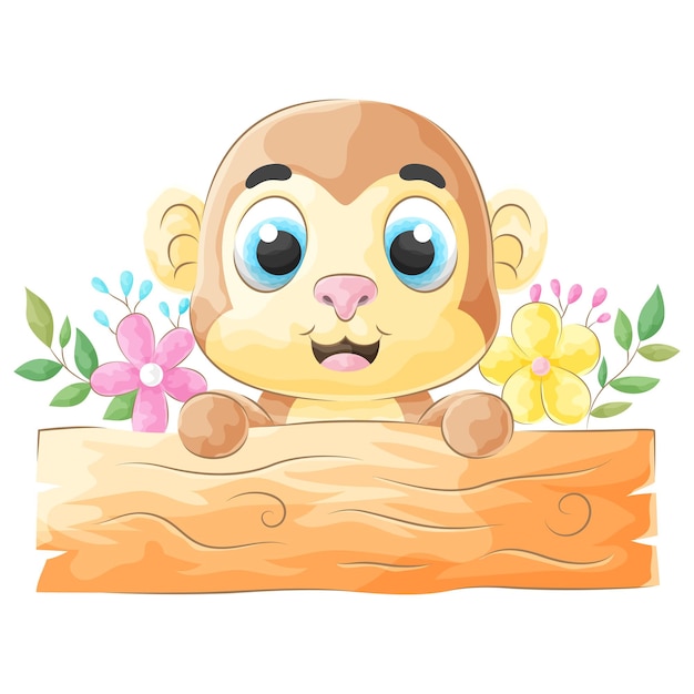 Cute Monkey with Wood Sign Board watercolor illustration