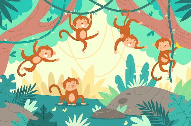 Cute monkeys in jungle Funny little marmosets play in tropical forest climbing vines and trees rainforest exotic plants cartoon pretty baby animals childish background vector concept