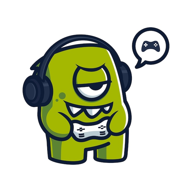 Cute monster cartoon character playing games with headphone and gamepad