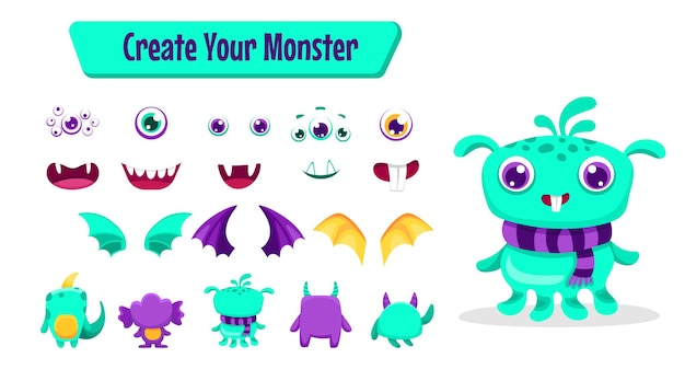 Cute Monster cartoon constructor kit with body parts alien eyes mouths teeth wings and horns