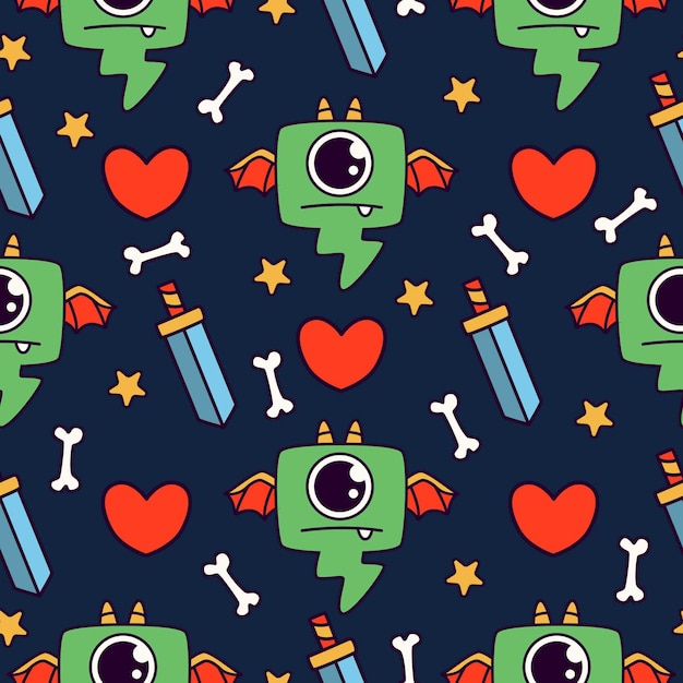 cute monster cartoon doodle seamless pattern design