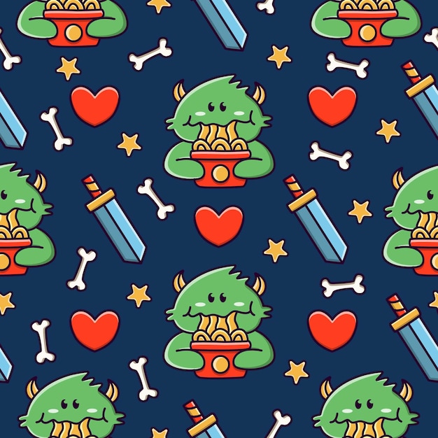 cute monster cartoon doodle seamless pattern design