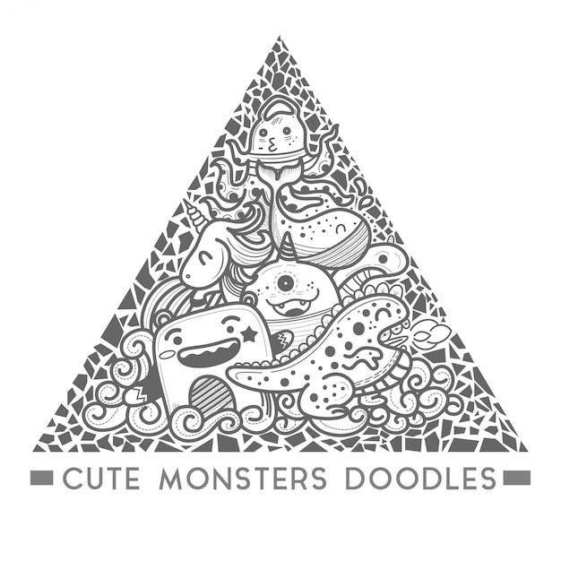 Cute monster doodle In the triangle style frame vector. 