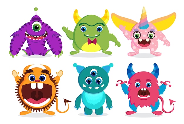 Cute monster vector characters elements set with funny faces and beast creature