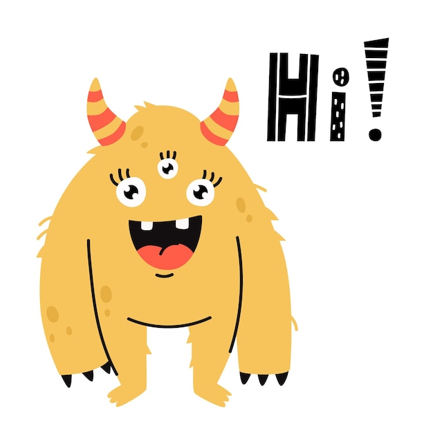 Cute monster with lettering HI. Vector illustration