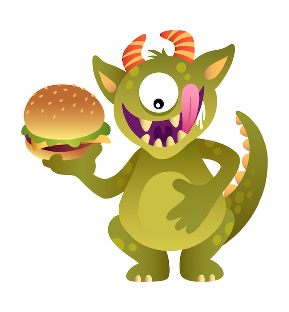 Cute monster with one eye eating burger