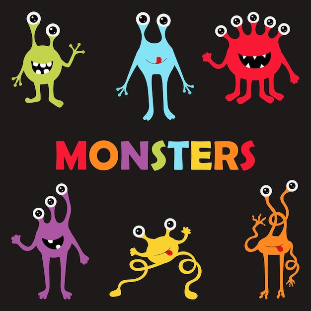 Cute monsters on black background