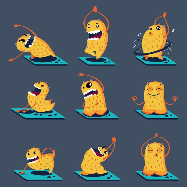 Cute monsters in different yoga poses. Vector cartoon characters set isolated