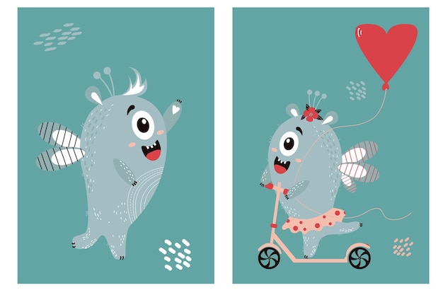 Cute monsters Joyful Boy and Monster Girl on a scooter Vector