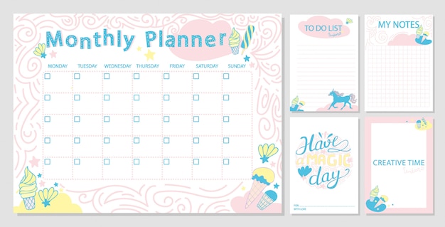 Cute monthly planner template and diary  paper notes.