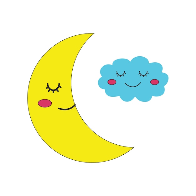 Cute Moon with a cloud Vector Illustration Isolated on white background