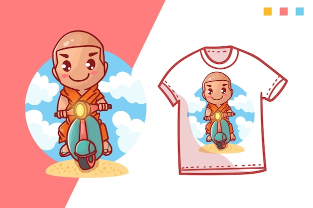 cute  moped monk t-shirt template design