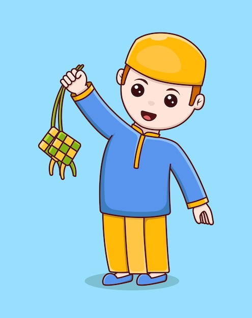 Cute moslem boy carrying ketupat Ied mubarak vector illustration