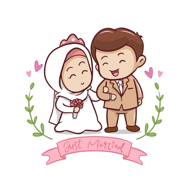 Cute moslem couple cartoon character illustration