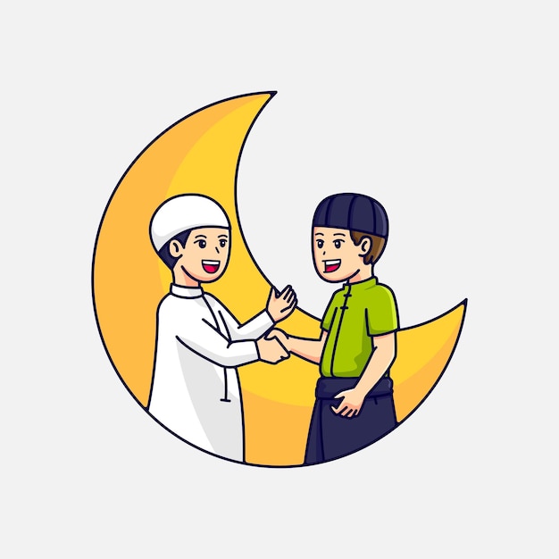 Cute moslem doing hand shake celebrating eid mubarak cartoon vector icon illustration