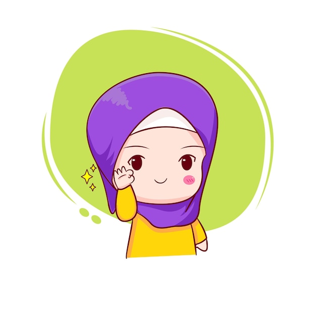 Cute Moslem girl with OK sign hand drawn cartoon character