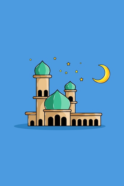 Cute Mosque with Moon and Star Cartoon Illustration