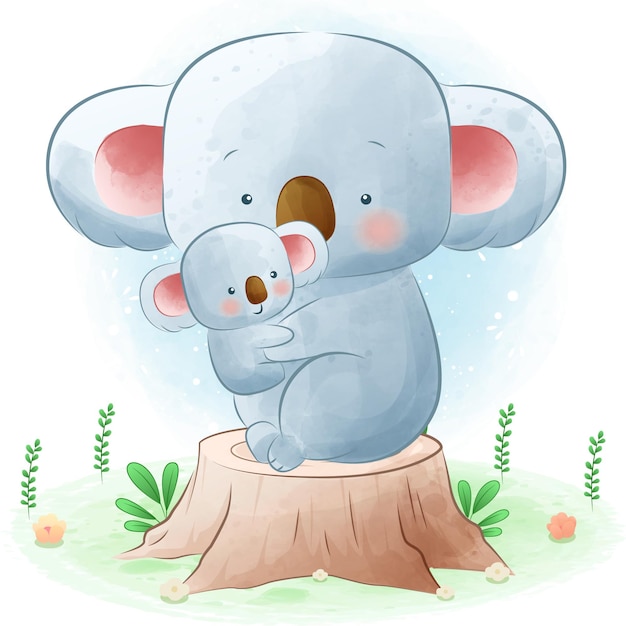 Cute mother and baby koala sitting on tree stump with green plants