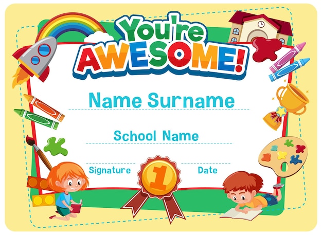 Cute motivational cartoon certificate for children