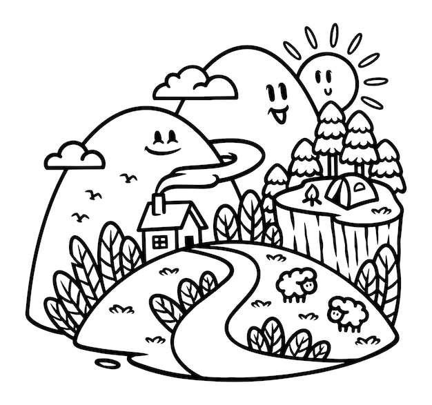 cute mountain in the morning line illustration