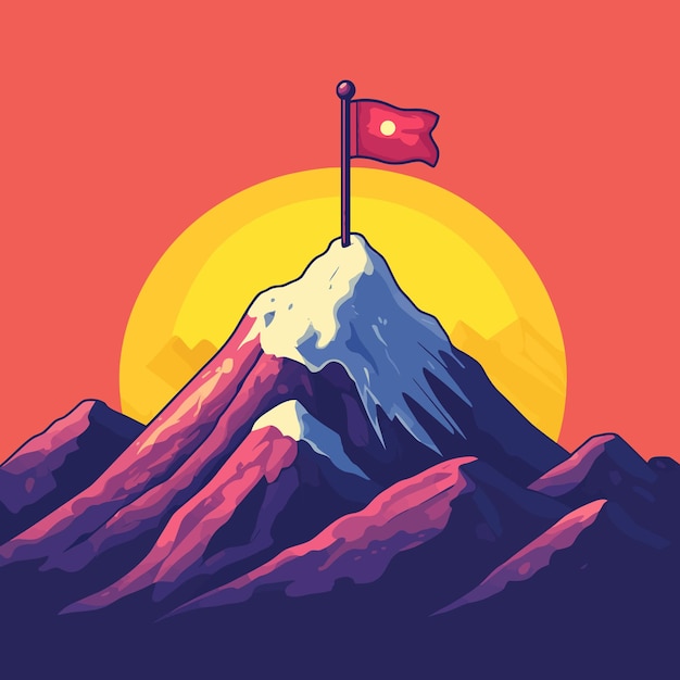 Vector cute mountain peak with flag vector icon vector illustration