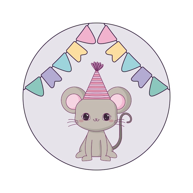 Cute mouse animal with hat party and garlands hanging