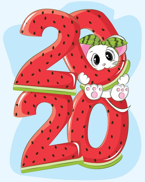 Cute mouse happy new year 2020 with watermelon