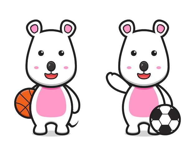 Cute mouse playing basketball and football cartoon vector icon illustration. Design isolated flat cartoon style.