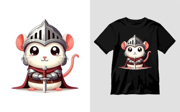 A cute mouse wearing a knights helmet holding a sword heroic pose cartoon 3drend TShirt design