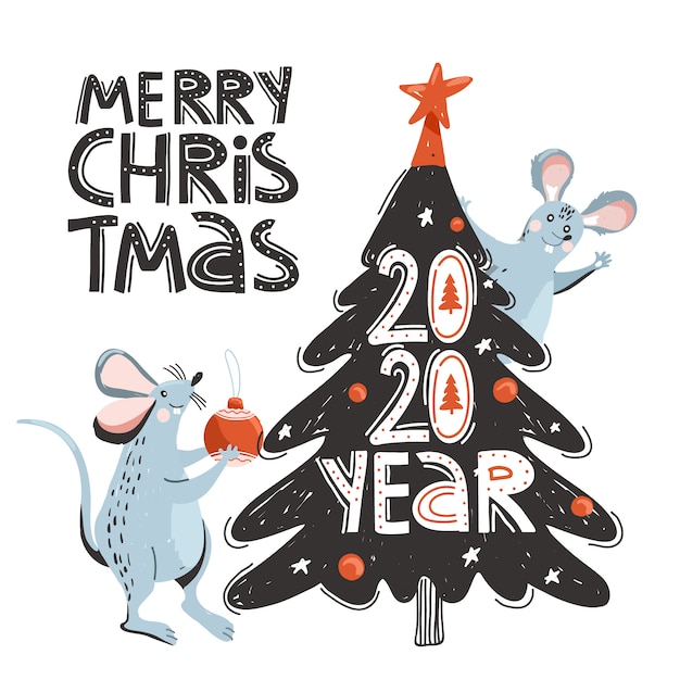 Cute mouses decorate Christmas tree.