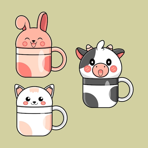 Cute mug animal vector design rabbit cat and cow