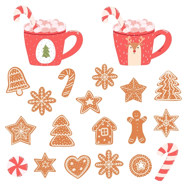 Cute mugs with marshmallows candy cane and gingerbread cookies in cartoon style Hand drawn vector illustration of hot drinks and Christmas sweets