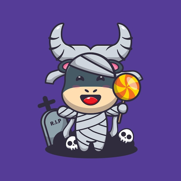 Cute mummy buffalo holding halloween candy. Cute halloween cartoon illustration.