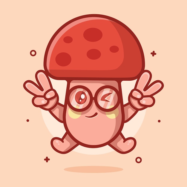 cute mushroom character mascot with peace sign hand gesture isolated cartoon in flat style design