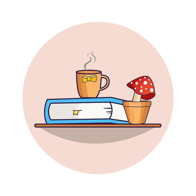 Cute Mushroom Character in pot and book with a cup of tea