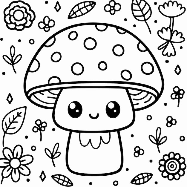 Vector cute mushroom coloring page with flowers leaves