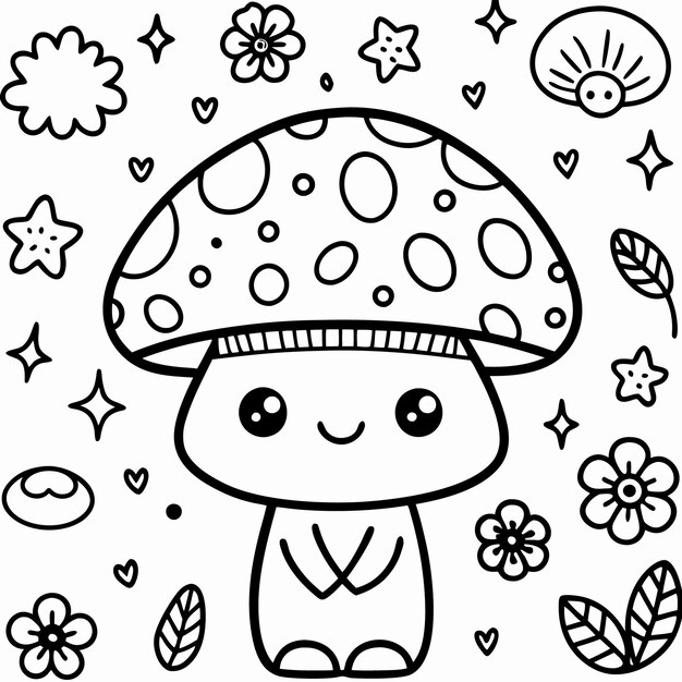 Vector cute mushroom coloring page with flowers and stars