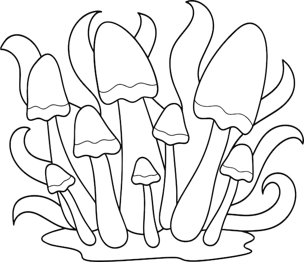 Vector cute mushroom floral coloring page vector illustration black white outline coloring book for kids