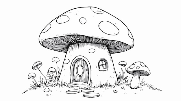 Vector cute mushroom house coloring page for kids