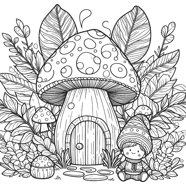 Vector a cute mushroom house with leaves and little mushroom decorated outline artwork coloring pages