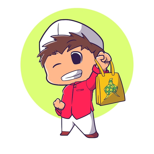 Cute muslim boy feeling happy with the groceries he got