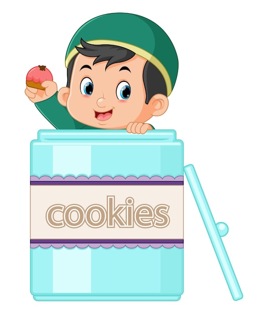 A cute Muslim boy gave a surprise by coming out of a big jar of cookies