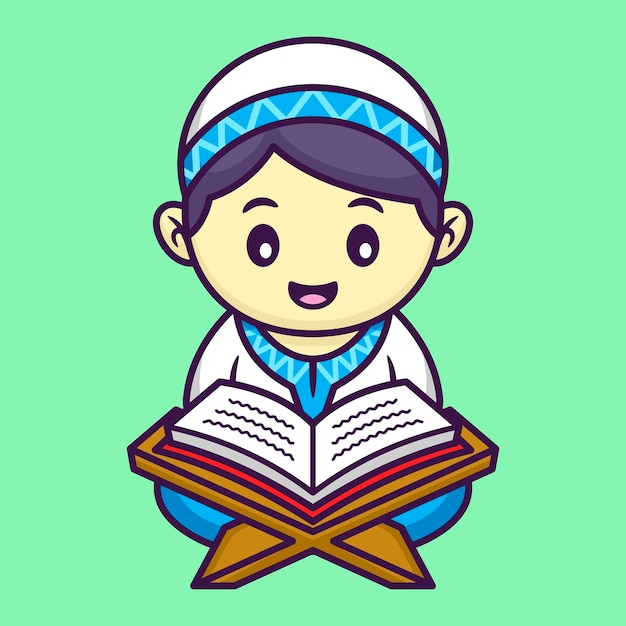 Cute Muslim Boy Reading the Quran in Cartoon Ramadan Vector Illustration Flat Style Concept