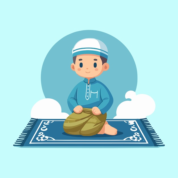 cute muslim boy wearing sarong and skullcap sitting on a prayer mat